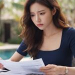 풀빌라 소파에서 카드 명세서를 정리하는 모습