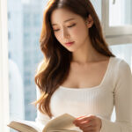 햇살 좋은 창가에서 책 읽는 여성