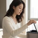 음식물처리기 뚜껑을 열어 내부를 확인하는 여성