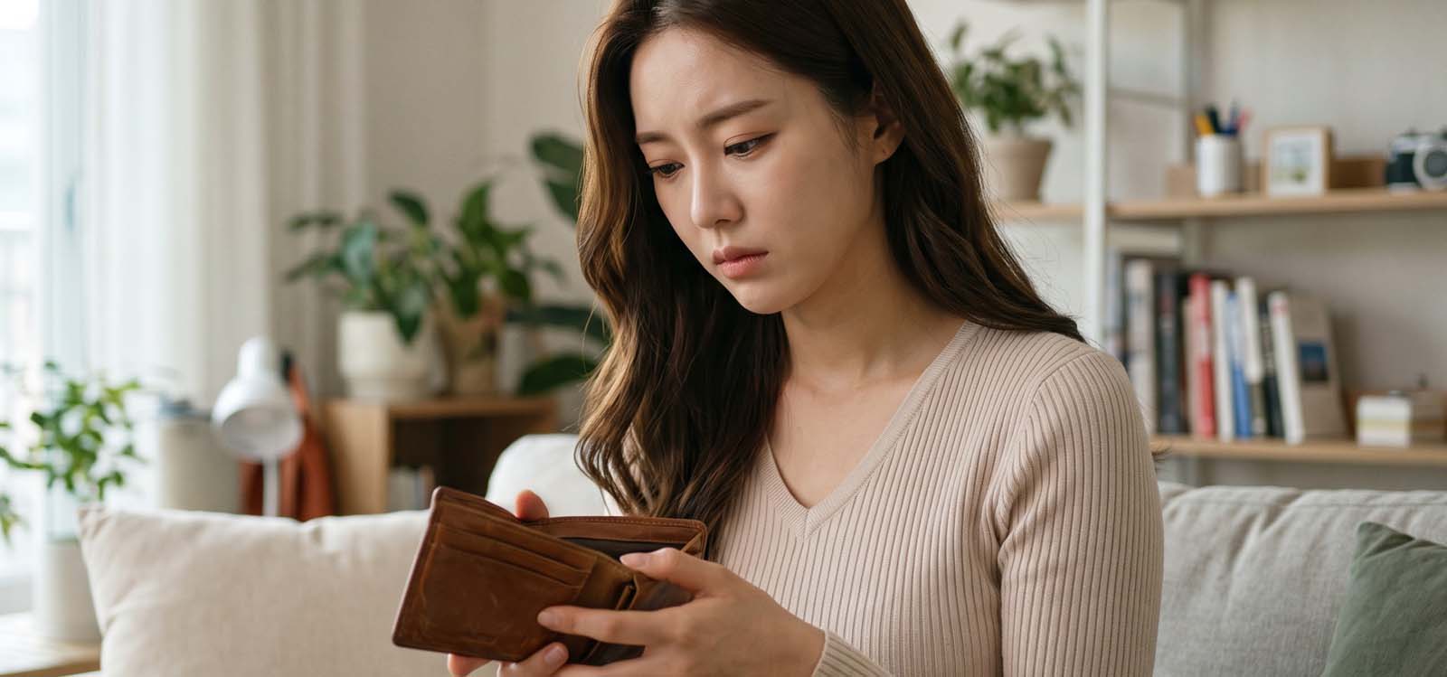 급하게 필요한 생활비 때문에 걱정하는 여성