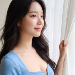 커텐을 잡고 밖을 보는 여성