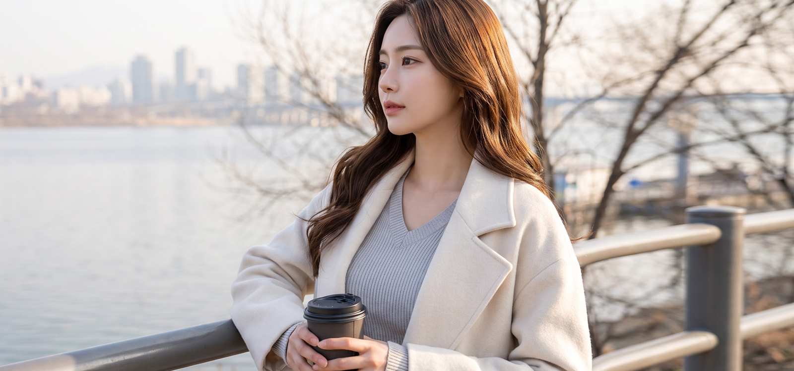 겨울 한강 산책 중 난간에 기대어 풍경을 보는 모습
