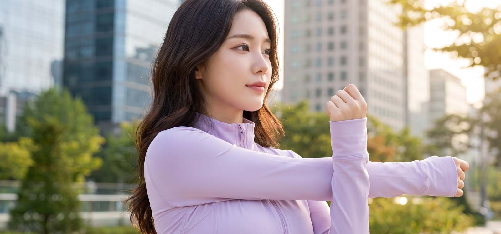 도심 공원에서 가벼운 스트레칭을 하는 여성