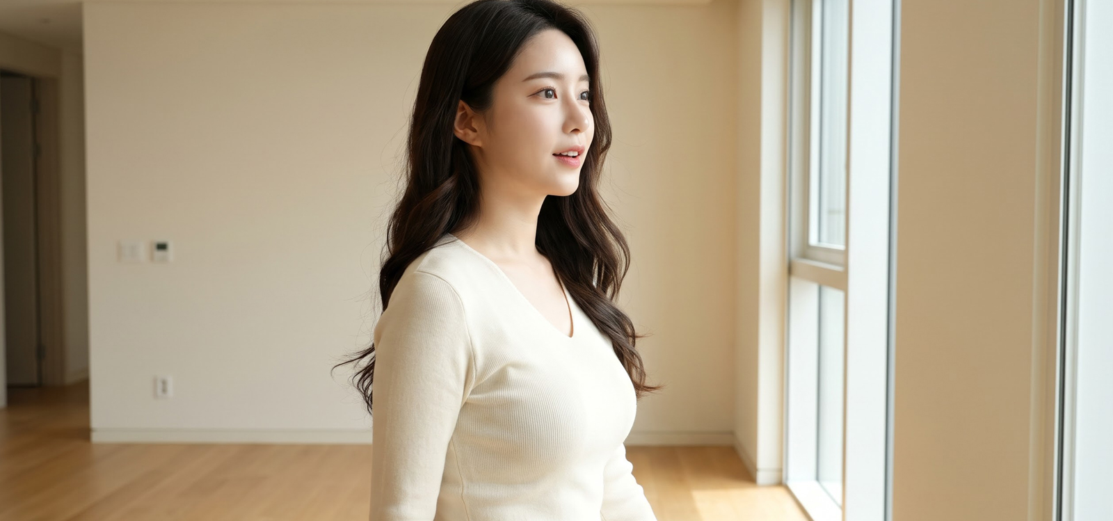 거실 창을 보고 있는 여자