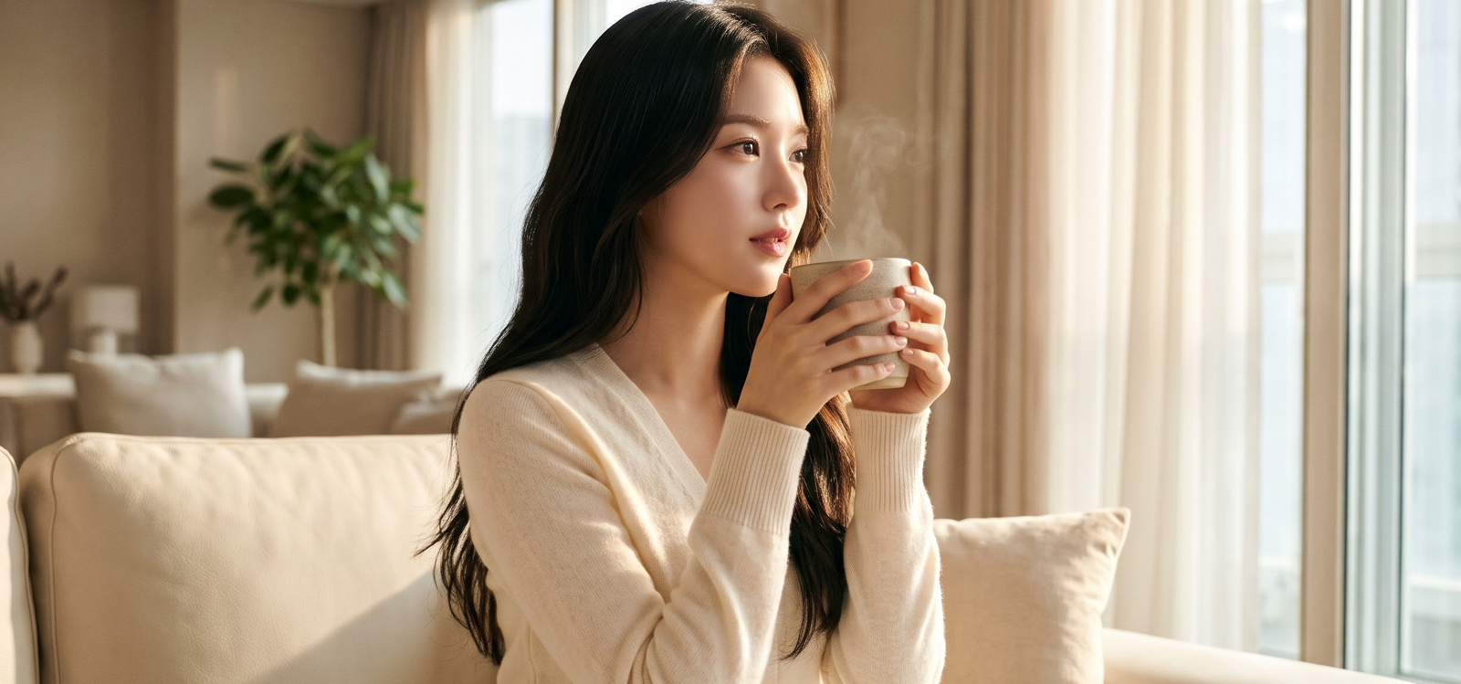 햇살 가득한 거실에서 모닝커피