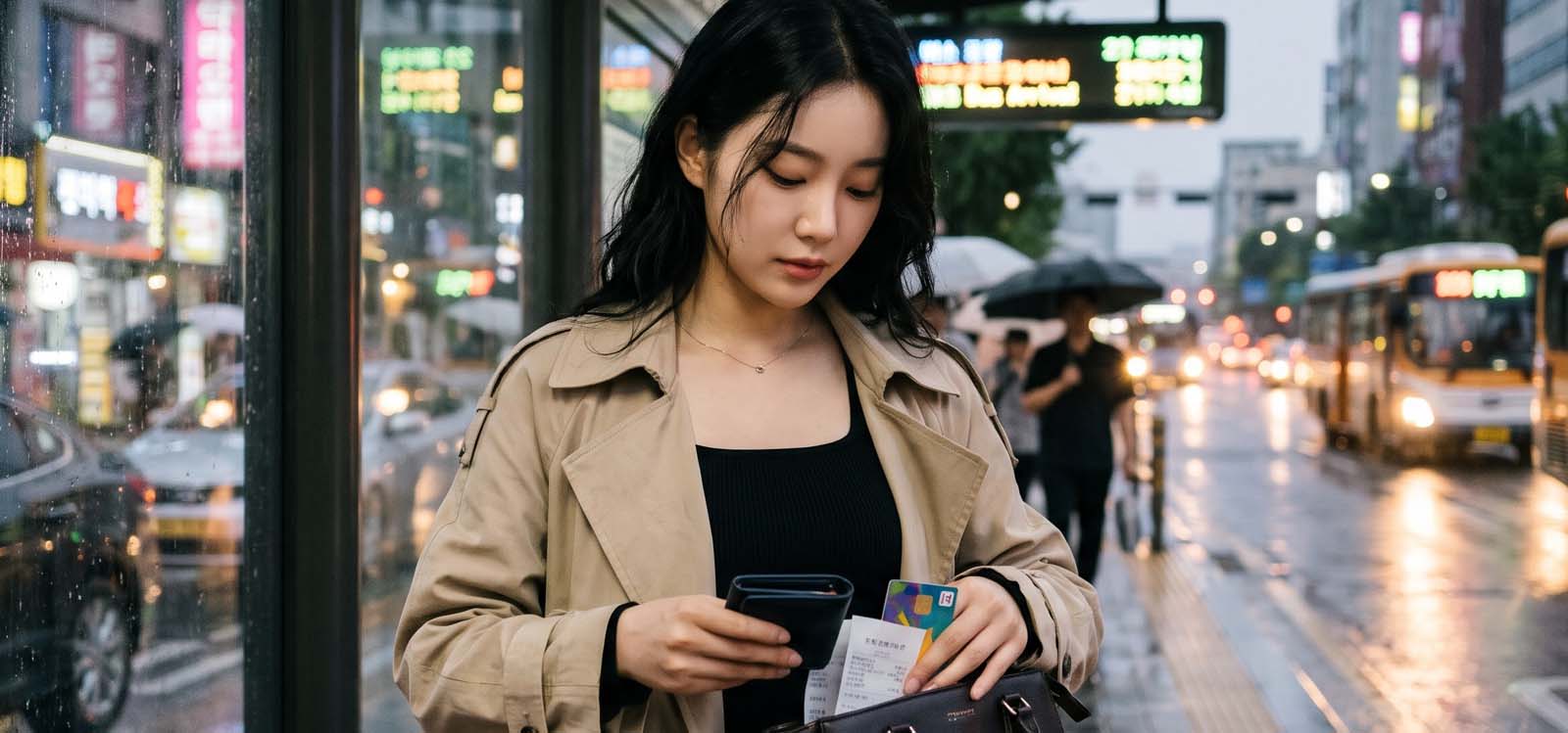 지갑에 카드를 넣는 여자