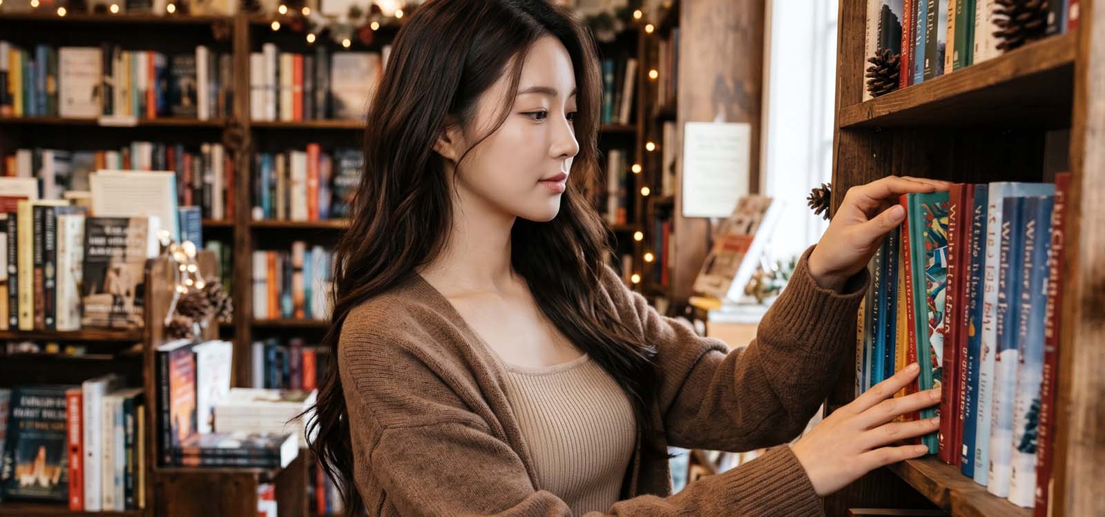겨울 서점에서 책 진열하기