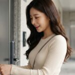 아파트 현관에서 열쇠로 문을 여는 여성