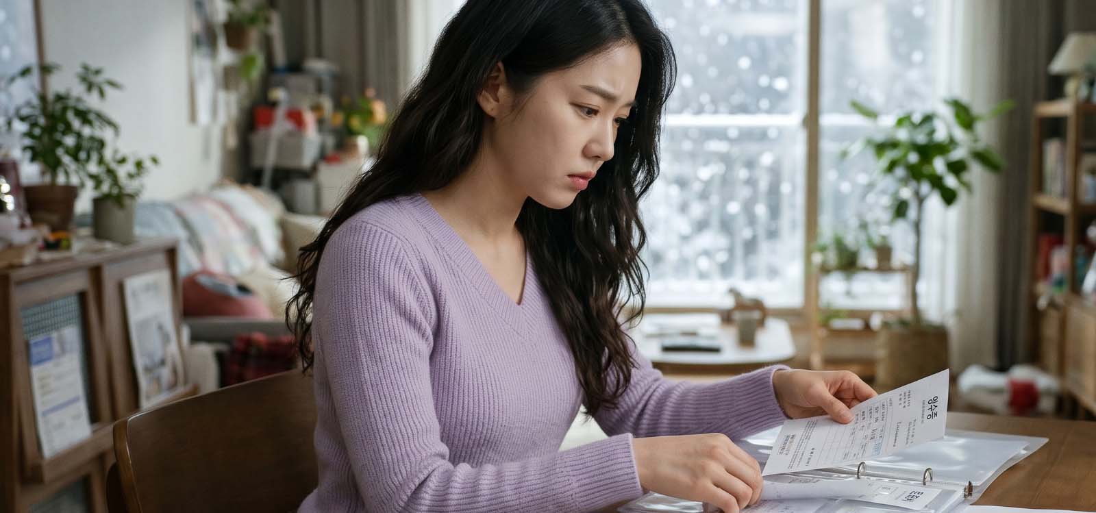 대출 서류를 보고 있는 여자