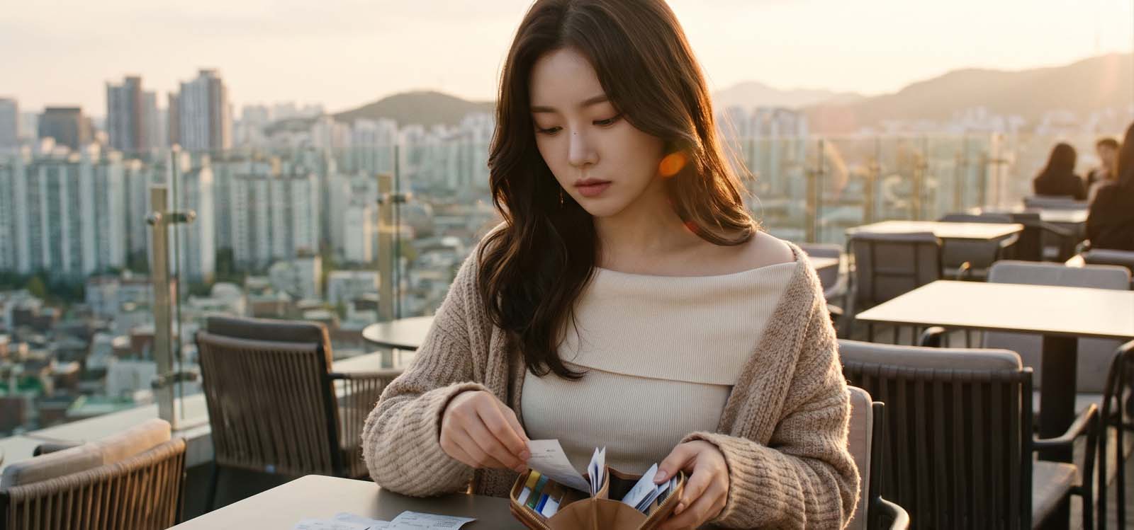 지갑을 열어보는 여성
