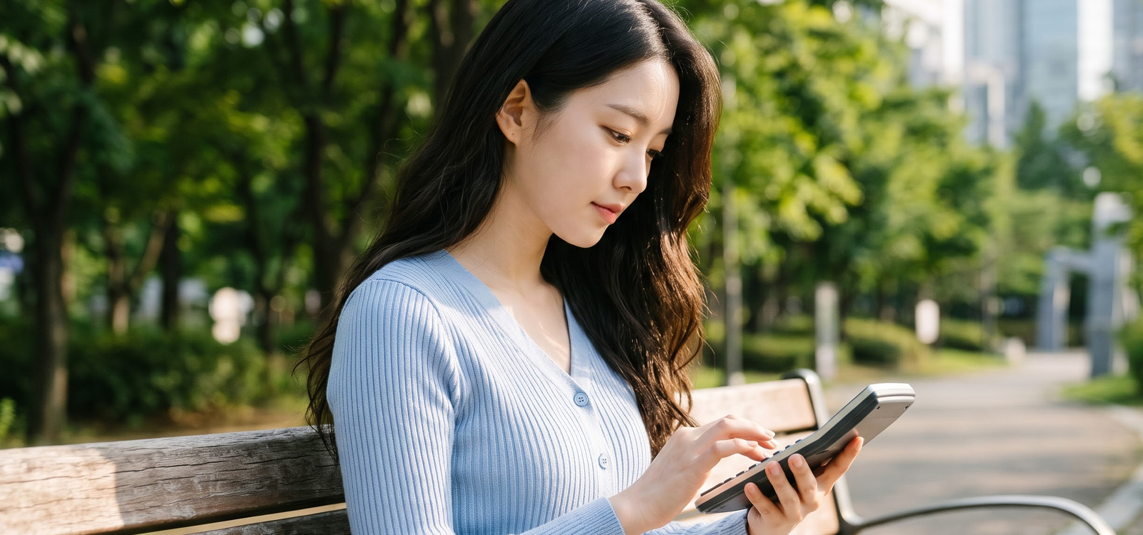 벤치에 앉아 대출 계산기를 두드리는 여자