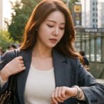 시계를 확인하며 심사를 서두르는 여성