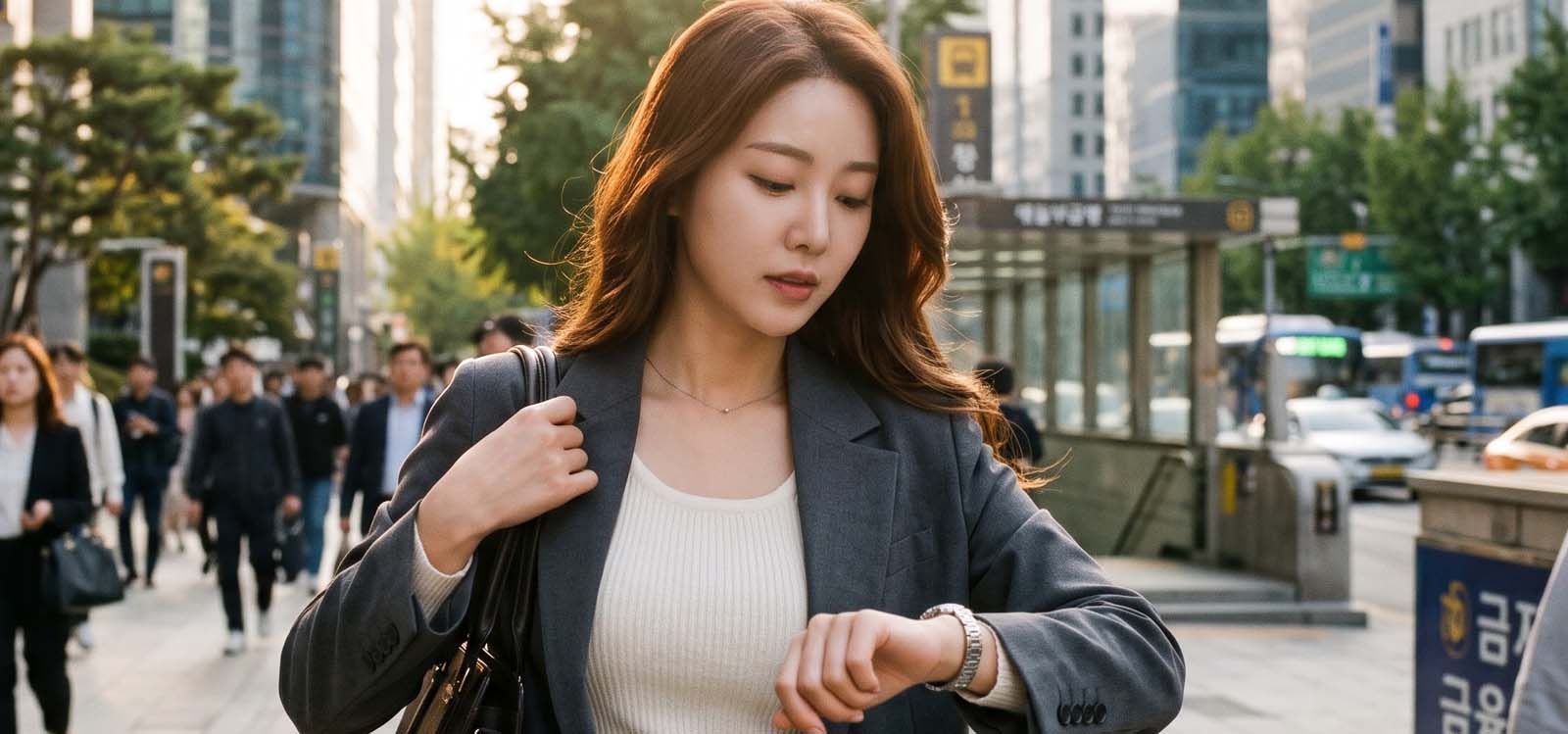 시계를 확인하며 심사를 서두르는 여성
