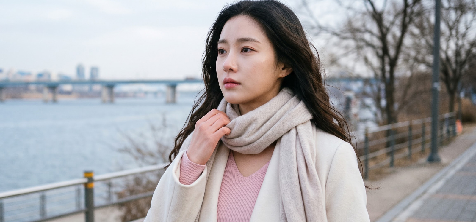 겨울 한강 산책로에서 대출 이자 부담 고민